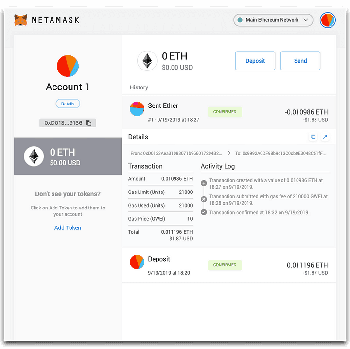 Expand a transaction to view greater detail; see gas used and participant addresses